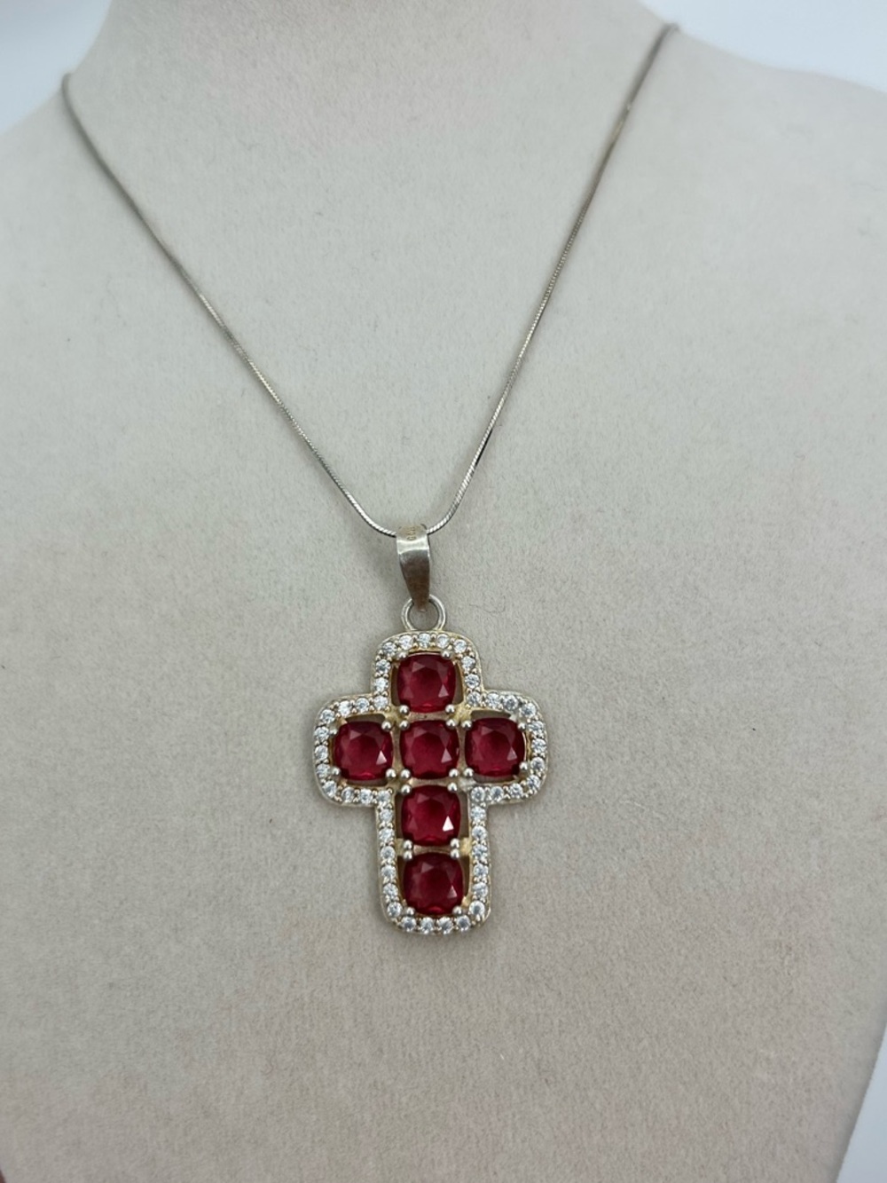 Sterling Silver Red Crystal Cross Necklace 20" Stamped 925 Vintage